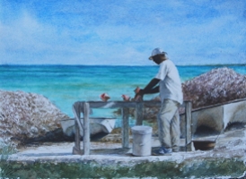 'Conch Stand' by Sheldon Saint. Watercolor on paper.
