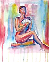 'Woman with Fan' by Stacey Byer. Watercolor.